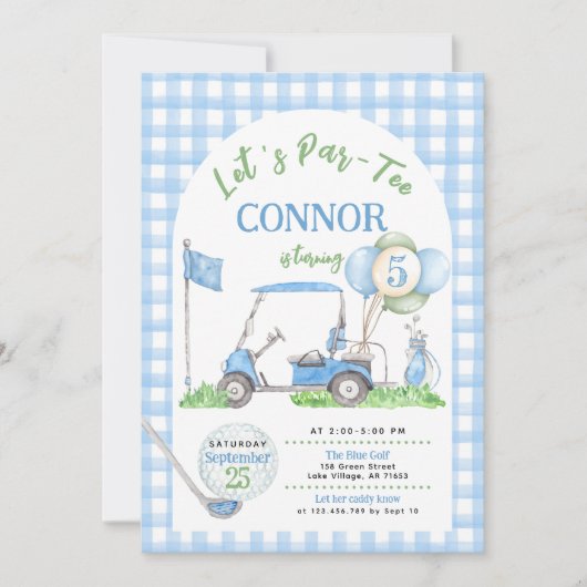 Blue Gingham Golf Verjaardag Par-T-shirt Uitnodigi Kaart (Voorkant)