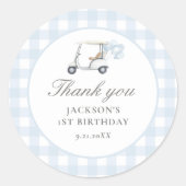 Blue Gingham Golf Verjaardag Ronde Sticker (Voorkant)