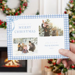 Blue Gingham heeft twee foto's gemaakt Feestdagenkaart<br><div class="desc">Creëer uw eigen aangepaste foto kerstkaarten met twee van uw familie afbeeldingen naast gepersonaliseerde minimalistische typografie naam en jaar op een schattige blauw gingham plaid patroonachtergrond.</div>