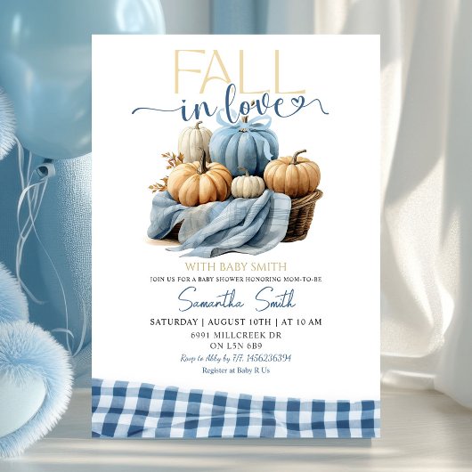Blue Gingham Herfst in Love Herfst Theme Baby show Kaart