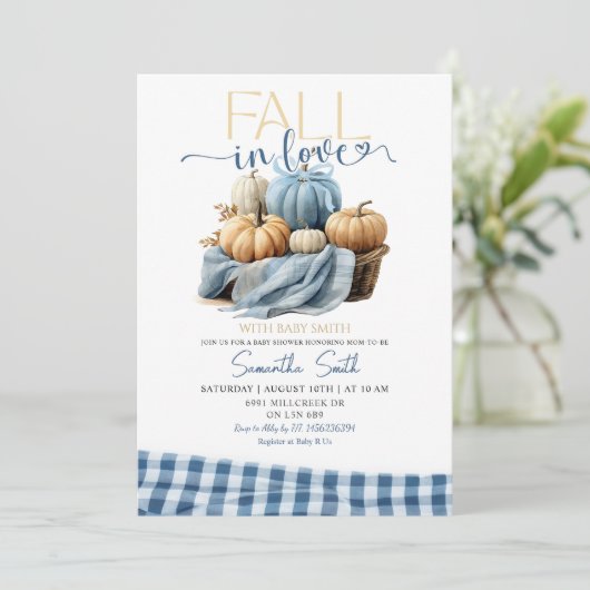 Blue Gingham Herfst in Love Herfst Theme Baby show Kaart (Staand voorkant)