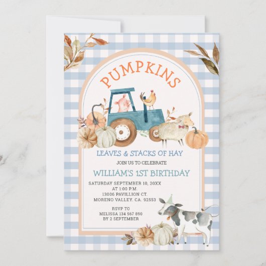 Blue Gingham Herfst Pompoen Boerderij Animal Birth Kaart (Voorkant)