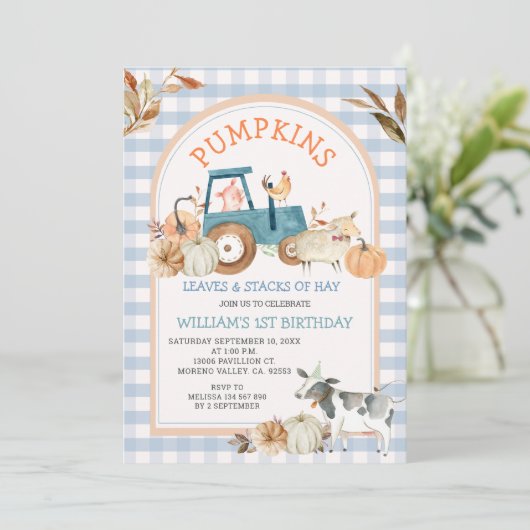 Blue Gingham Herfst Pompoen Boerderij Animal Birth Kaart (Staand voorkant)