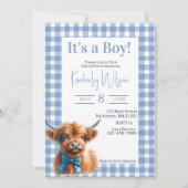Blue Gingham Highland koe baby shower uitnodiging (Voorkant)