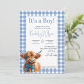 Blue Gingham Highland koe baby shower uitnodiging (Staand voorkant)