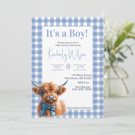 Blue Gingham Highland koe baby shower uitnodiging (Staand voorkant)