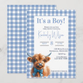 Blue Gingham Highland koe baby shower uitnodiging (Voorkant / Achterkant)