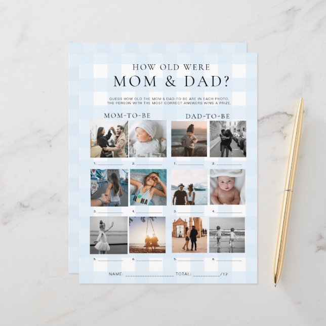 Blue Gingham Hoe oud waren mam en pap foto spel (Voorkant / Achterkant in situ)