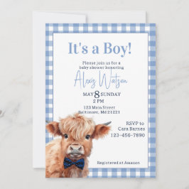 Blue gingham hoogland koe baby shower kaart