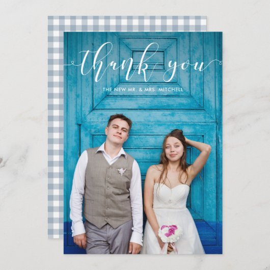 Blue Gingham | Huwelijk Dank u met Foto Bedankkaart (Voorkant / Achterkant)
