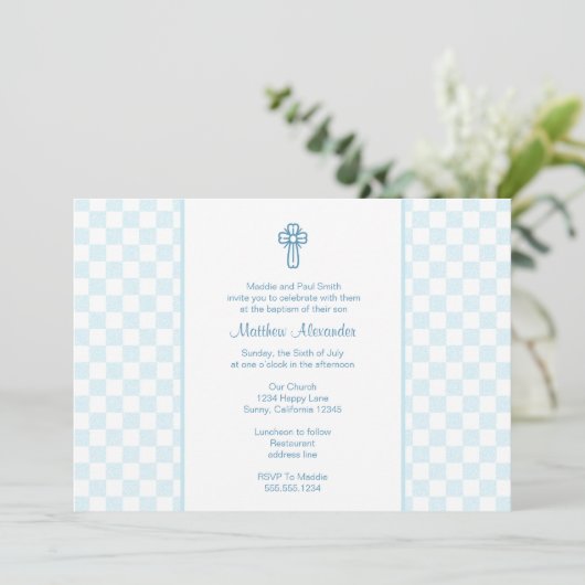 Blue Gingham Invite met Cross Kaart (Staand voorkant)