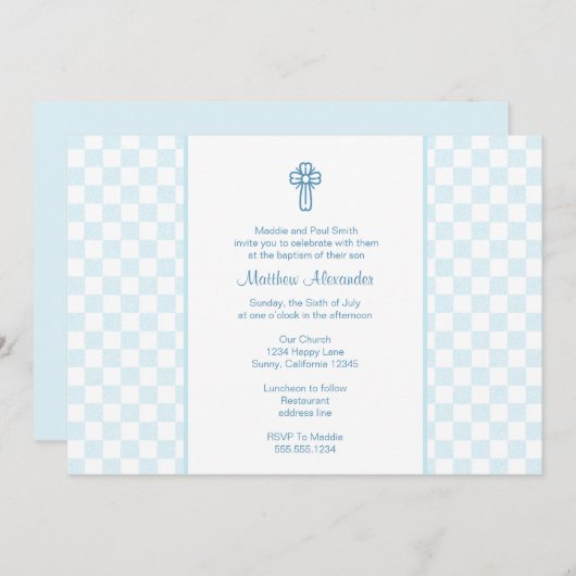 Blue Gingham Invite met Cross Kaart (Voorkant / Achterkant)