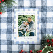 Blue Gingham Kerstfoto Feestdagenkaart