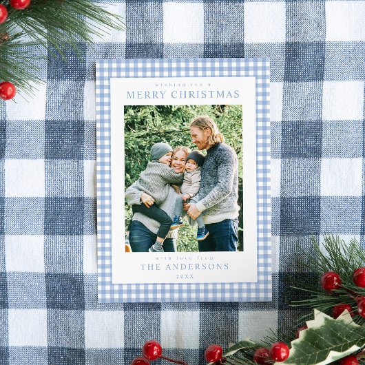 Blue Gingham Kerstfoto Feestdagenkaart
