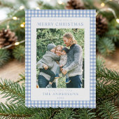 Blue Gingham Kerstfoto Feestdagenkaart