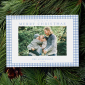 Blue Gingham Kerstfoto Feestdagenkaart