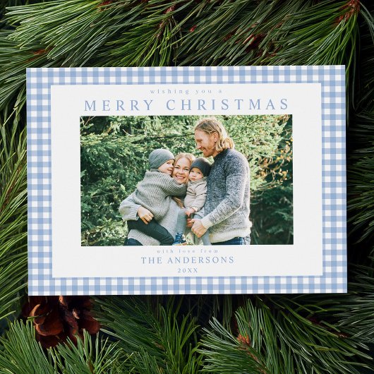 Blue Gingham Kerstfoto Feestdagenkaart