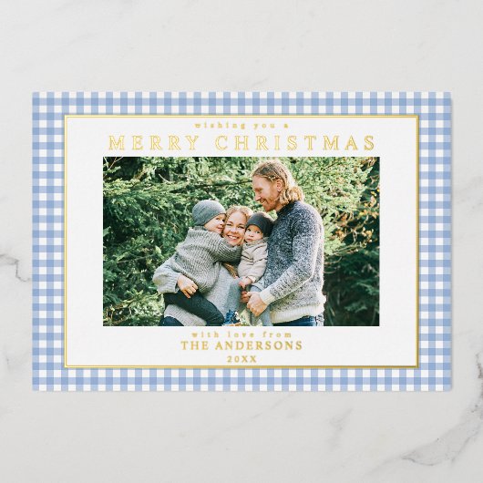 Blue Gingham Kerstfoto Folie Feestdagenkaart (Voorkant)