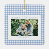 Blue Gingham Kerstfoto Keramisch Ornament (Achterkant)