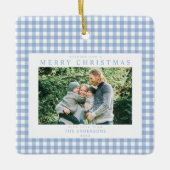 Blue Gingham Kerstfoto Keramisch Ornament (Voorkant)