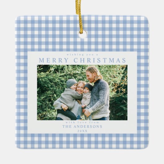 Blue Gingham Kerstfoto Keramisch Ornament (Voorkant)