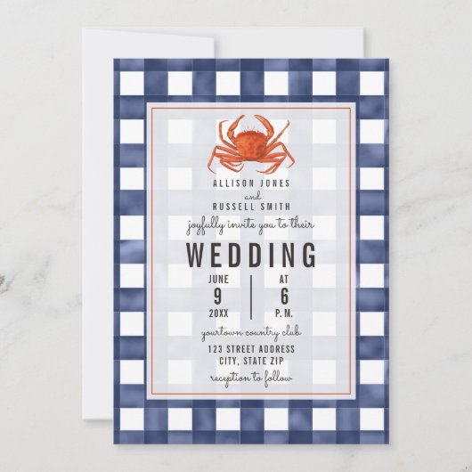 Blue Gingham krab bruiloft Kaart (Voorkant)