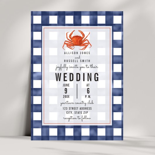 Blue Gingham krab bruiloft Kaart