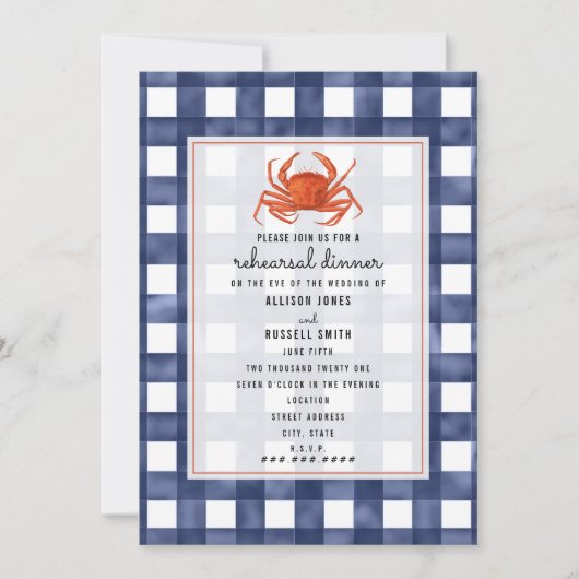 Blue Gingham Krab bruiloft repetitie diner Kaart (Voorkant)