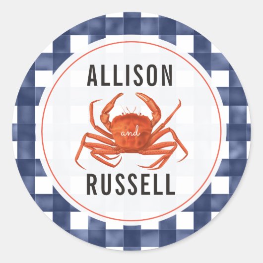 Blue Gingham krab bruiloft Ronde Sticker (Voorkant)