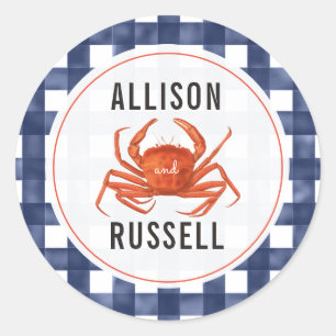 Blue Gingham krab bruiloft Ronde Sticker