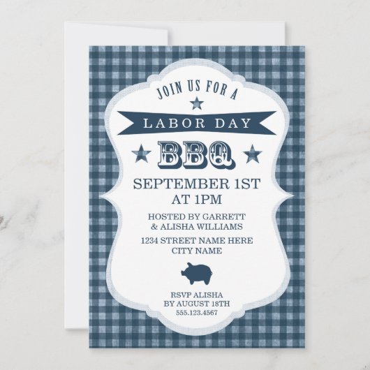 Blue Gingham Labour Day Barbecue Invitation Kaart (Voorkant)
