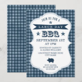 Blue Gingham Labour Day Barbecue Invitation Kaart (Voorkant / Achterkant)