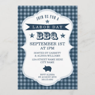 Blue Gingham Labour Day Barbecue Invitation Kaart