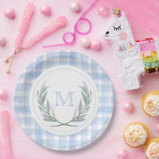 Blue Gingham Laurel Crest Papier Borden Papieren Bordje (Feest)