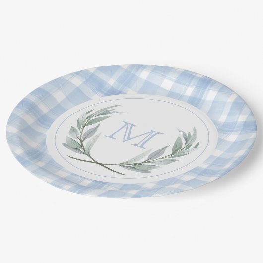 Blue Gingham Laurel Crest Papier Borden Papieren Bordje (Gekanteld)