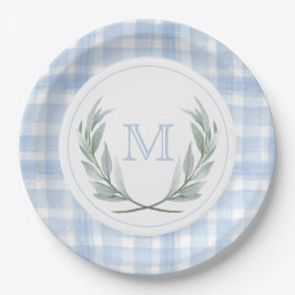 Blue Gingham Laurel Crest Papier Borden Papieren Bordje