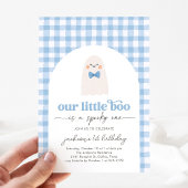 Blue Gingham Little Boo Ghost 1e verjaardag Kaart