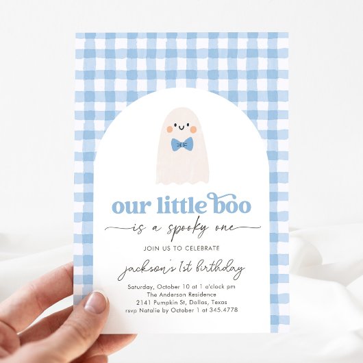 Blue Gingham Little Boo Ghost 1e verjaardag Kaart
