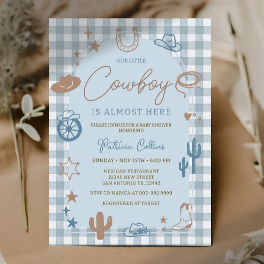 Blue Gingham Little Cowboy Wild West Baby Shower Kaart