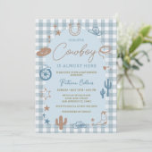 Blue Gingham Little Cowboy Wild West Baby Shower Kaart (Staand voorkant)