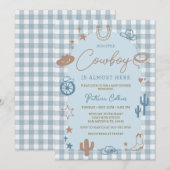 Blue Gingham Little Cowboy Wild West Baby Shower Kaart (Voorkant / Achterkant)