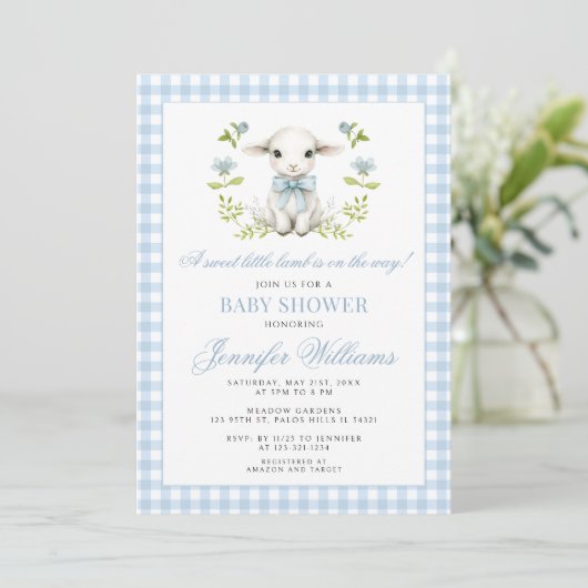 Blue Gingham Little Lamb Baby Boy Shower Kaart (Staand voorkant)