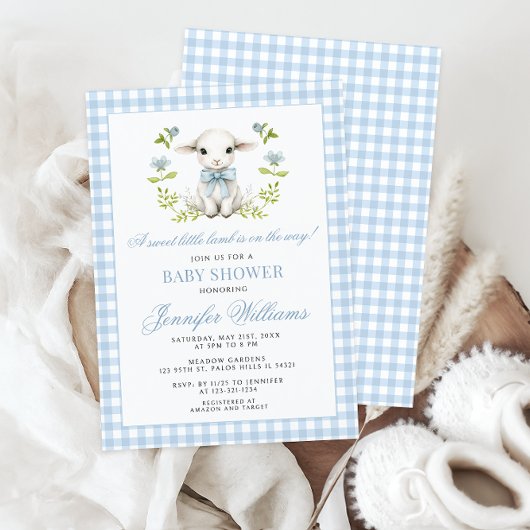 Blue Gingham Little Lamb Baby Boy Shower Kaart