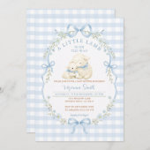 Blue Gingham Little Lamb Baby Shower Invitation Kaart (Voorkant / Achterkant)