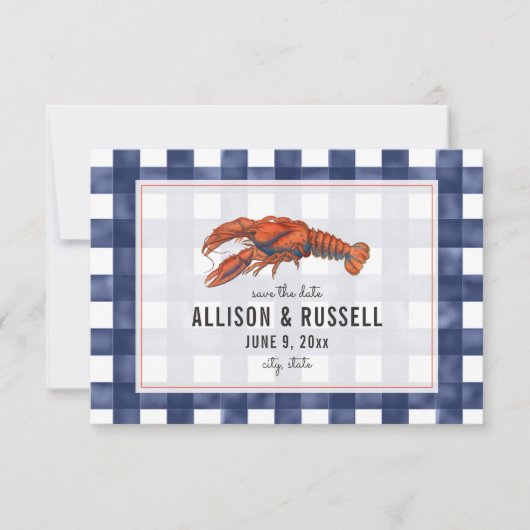 Blue Gingham Lobster Rustic Wedding Save the Date (Voorkant)