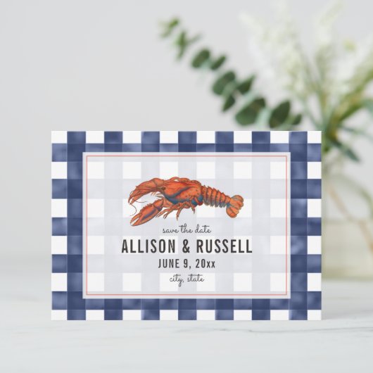 Blue Gingham Lobster Rustic Wedding Save the Date (Staand voorkant)