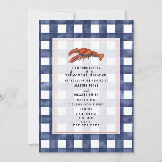 Blue Gingham Lobster Wedding Rehearsal Dinner Kaart (Voorkant)