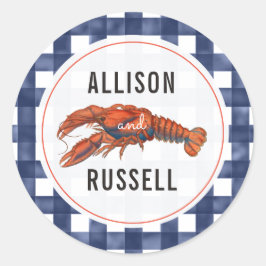 Blue Gingham Lobster Wedding Ronde Sticker