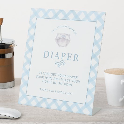 Blue Gingham Luier Raffle Baby shower Sign Reclamebord Met Voetstuk (Insitu)