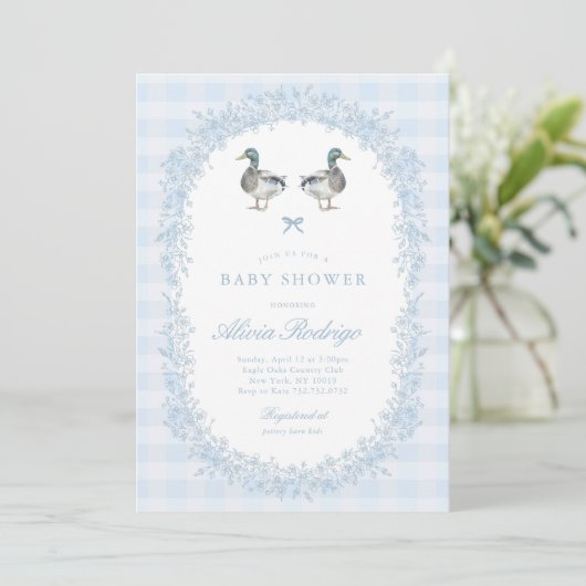 Blue Gingham Mallard Duck Baby shower Invitation Kaart (Staand voorkant)